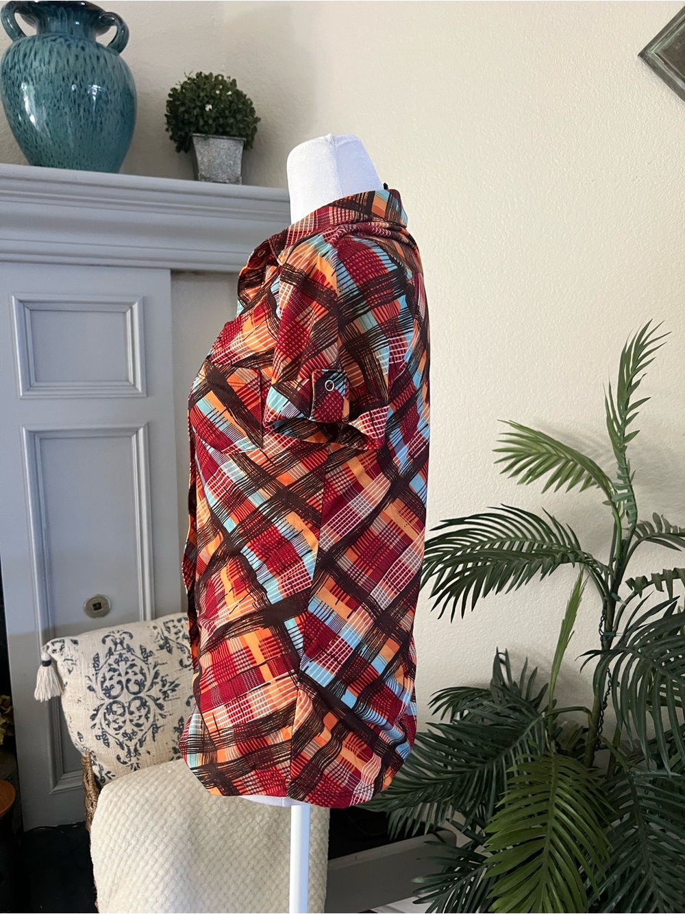 Weavers Vintage Plaid Short-Sleeve Button-Down Shirt - Red, Orange, Turquoise - Picture 3 of 8